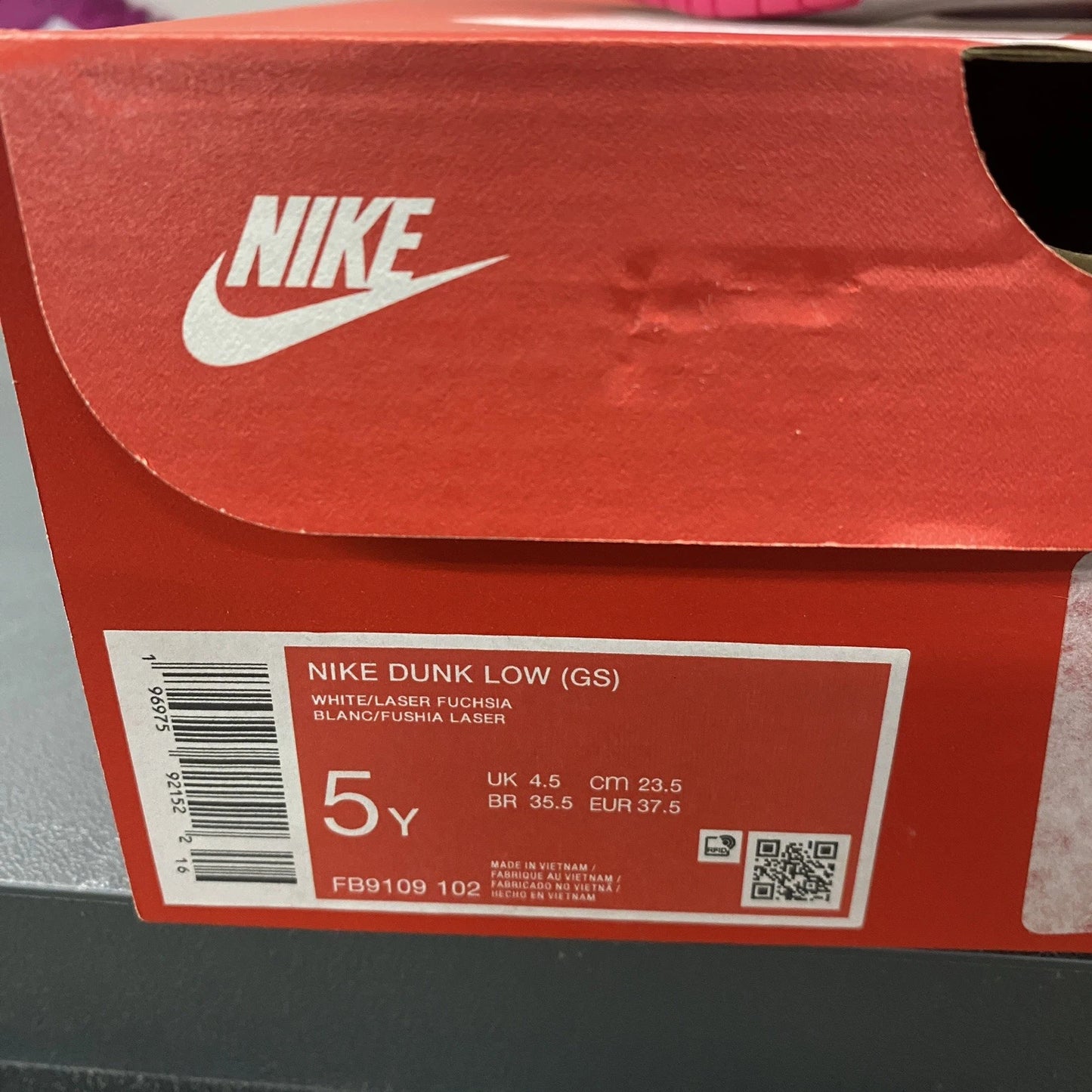 Nike Dunk Low (GS) White Pink Laser Fuchsia FB9109-102 Size 5Y