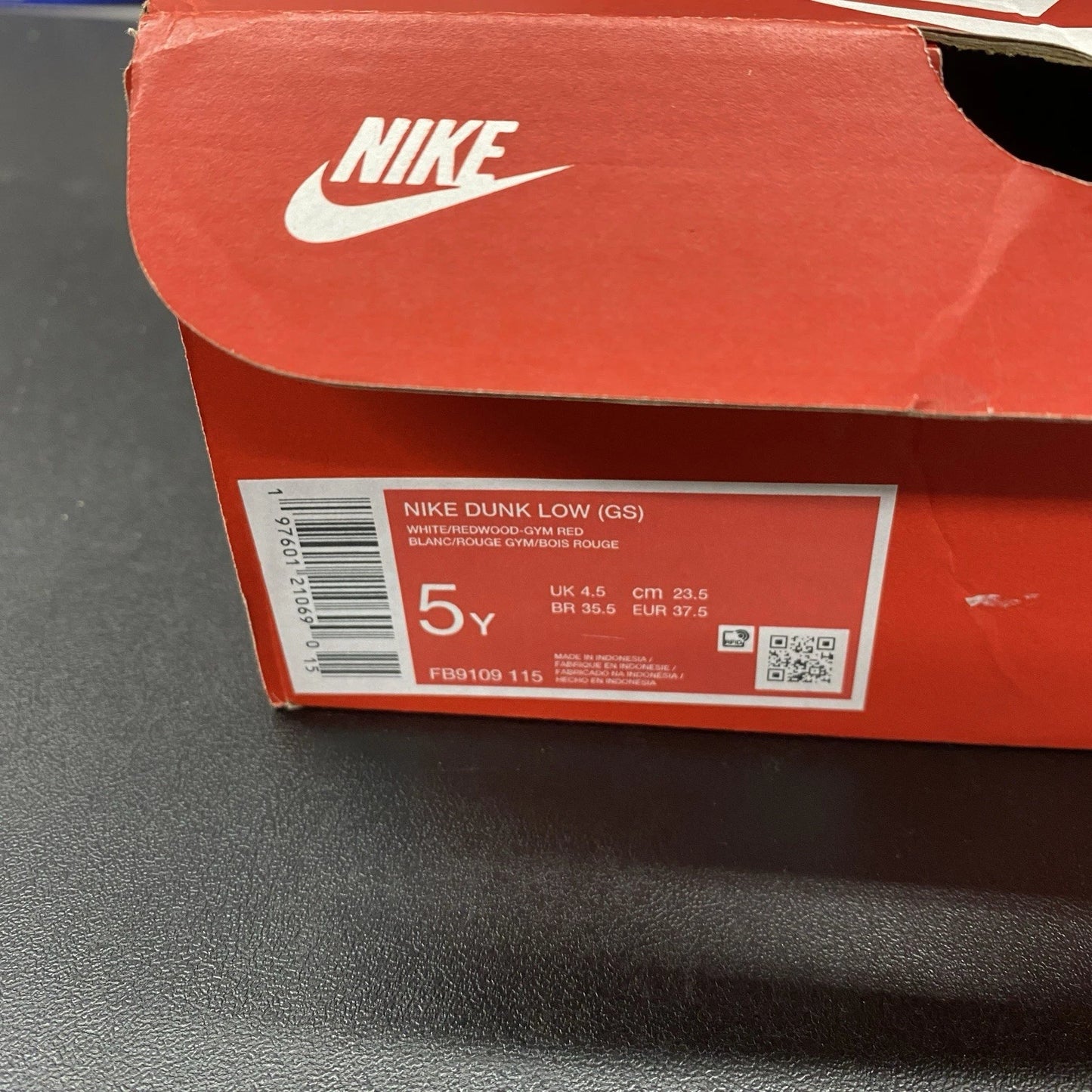 Nike Dunk Low White Redwood Gym Red FB9109-115 Size 5Y