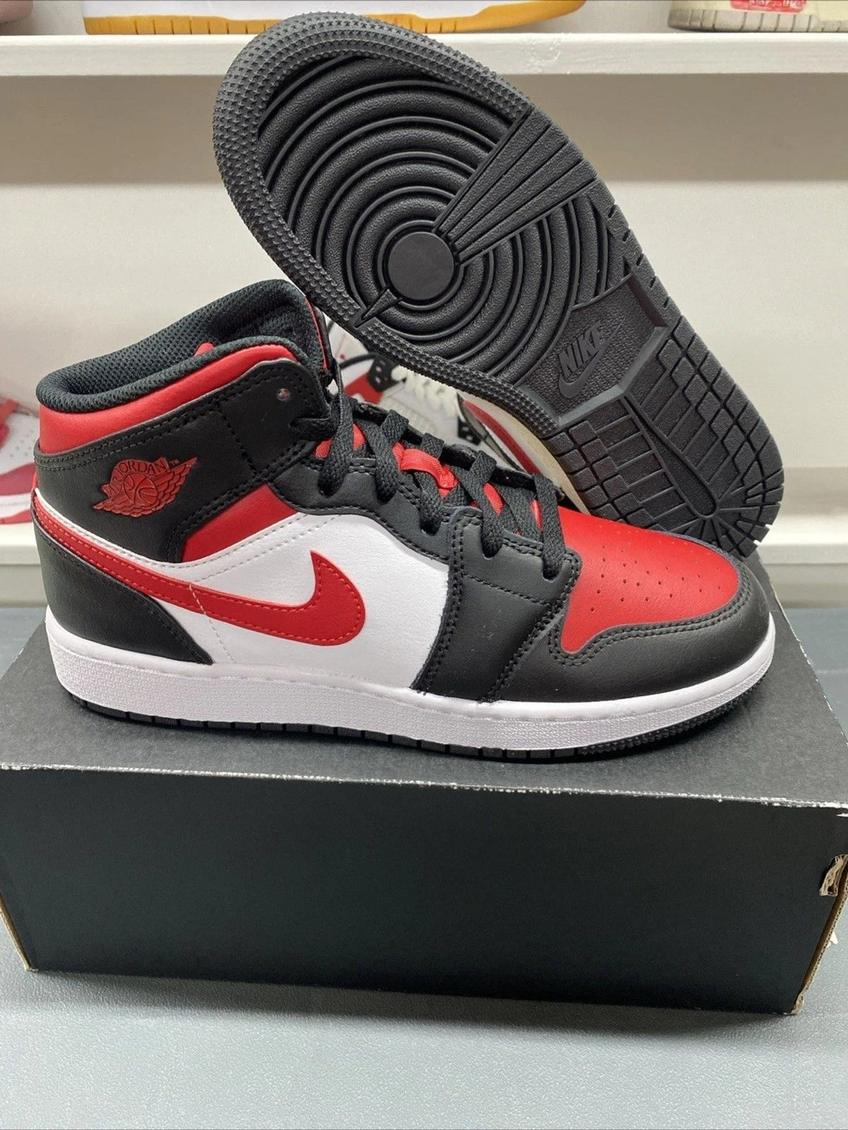 Jordan 1 Mid Black Fire Red | Size 5.5Y | 554725-079 | New
